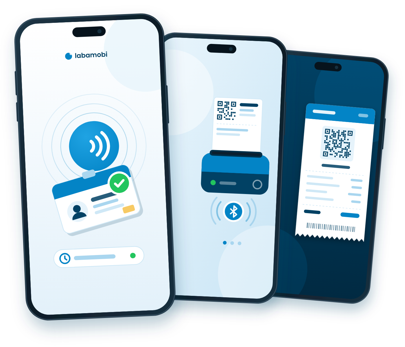 labamobi on three phones: staff check-in, Bluetooth printing, and a QR receipt
